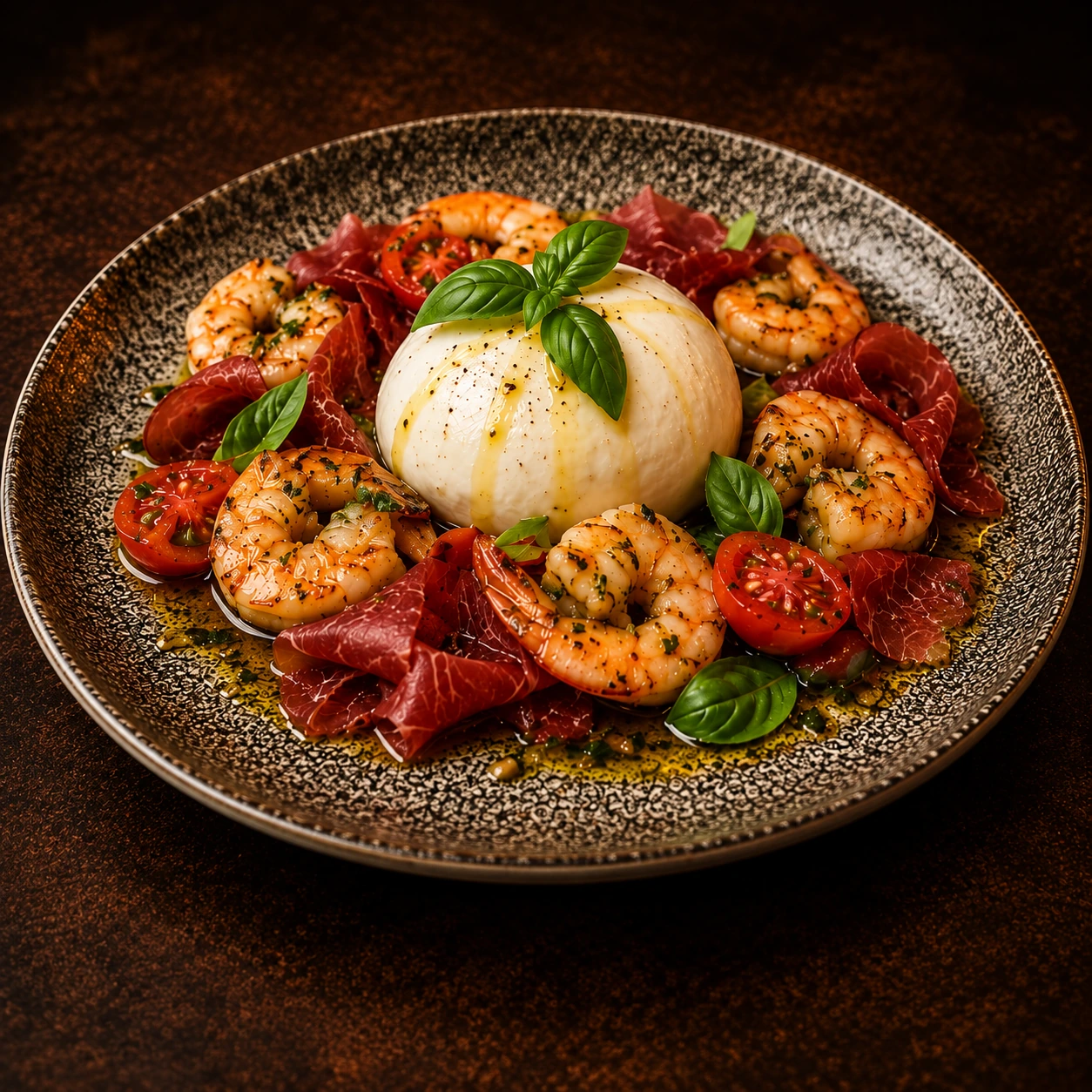 Foto do prato Burrata com Camarões Grelhados